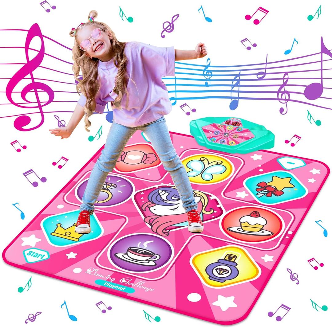 Unicorn Dance Mat, Dance Mixer Rhythm Step Play Mat, Pink Dance Pad with LED Lights, Adjustable Volume, Built-in Music, 5 Game Modes, Xmas B-Day Gifts for 3-12 Years Old Girls Toys, Pink