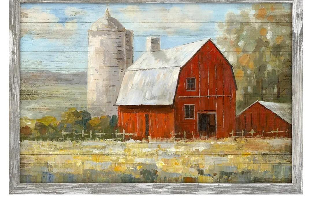 Barn Framed Wall Art Decor: Old Rustic Red Barn Picture Western Silo Farmhouse Wooden Painting Country Landscape Artwork for Bedroom Kitchen 16'' x 11''