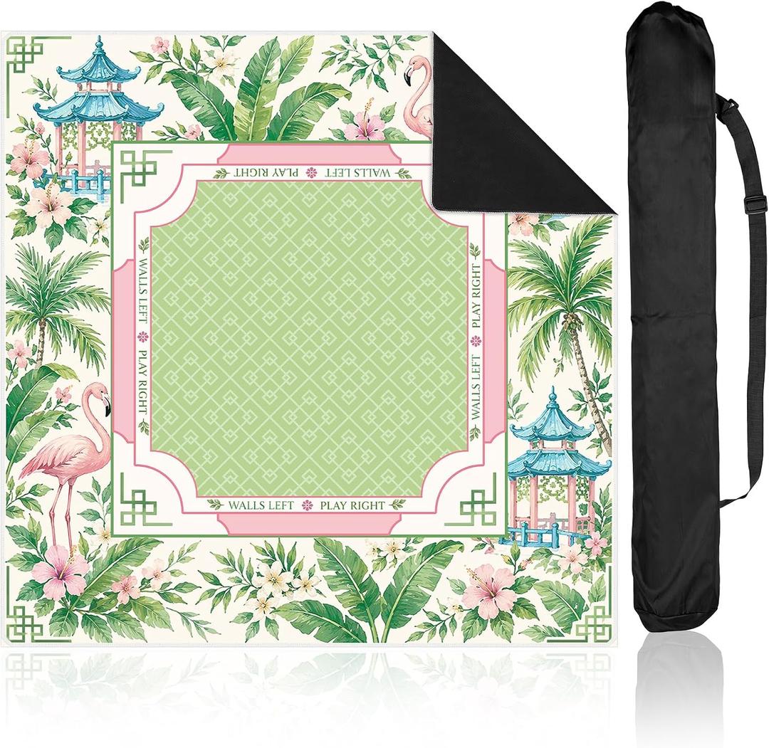 Tropical Palm Tree Mahjong Mat with Carrying Bag 31.5" x 31.5" Non Slip Noise Reduction Table Cover Palm Beach Pink Green Floral Mahjong Mat for American Poker Card Board Dominoes Tile Games Gifts
