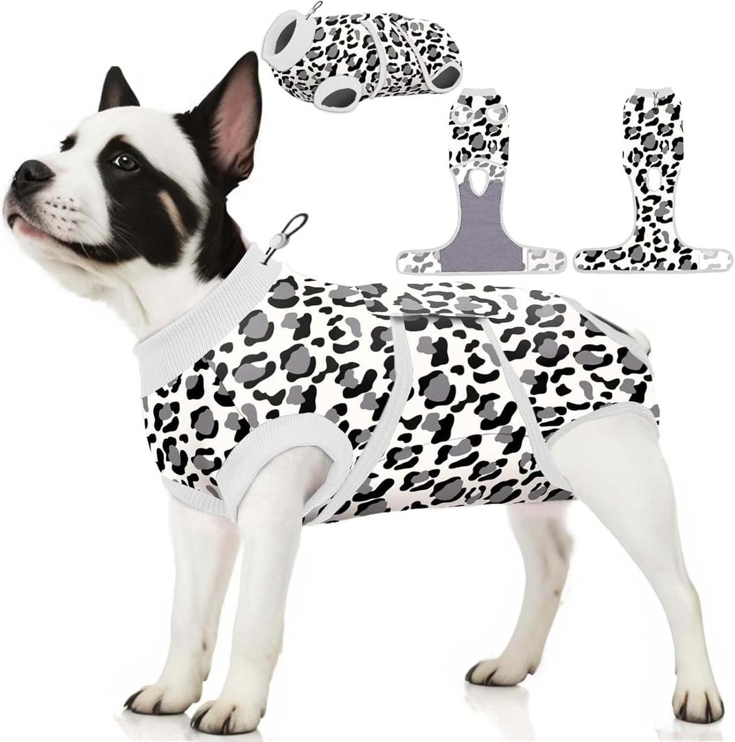 PetWarm Surgery Suit for Dogs Male, Dog Cone Alternative After Surgery, Covers Wounds, Prevents Licking, Fashionable and Protective, Lightweight and Breathable, Leopard Pattern, White, L (Large (Back:16.1-20.1'', Weight:23-48LB))