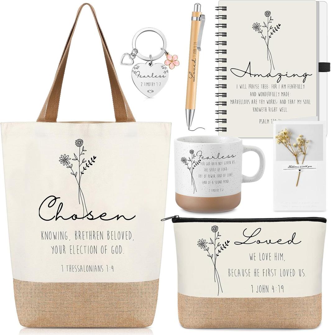 Suclain 7 Pcs Christian Religious Gifts, Spiral Notebook, Coffee Mug, Bible Bag, Ballpoint Pen, Makeup Bag, Inspirational Keychain for Women Easter Birthday Graduation Appreciation Gift(Inspirational)