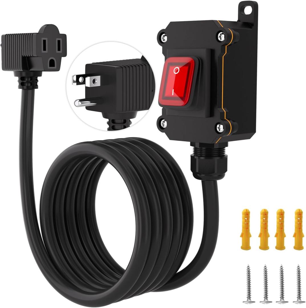 Inline Power Switch with 10-ft 14AWG Cable Piggyback Plug(3-Pronged),Red LED Rocker Button,IP67 Waterproof Extension Cord with On/Off Switch, AC/DC 20A-125V / 16A-250V10FT/14AWG