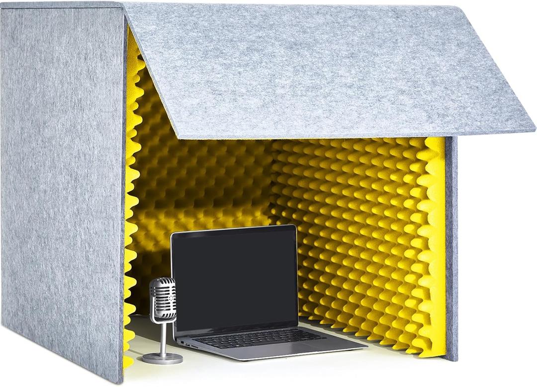 Pushglossy 28 x 28 x 28 Inch Desktop Soundproof Cover Portable Vocal Recording Booth Vocal Absorbing Shield Microphone Isolation Booth Cube for Sound Clearer Home Music Studio Podcast Recording Yellow