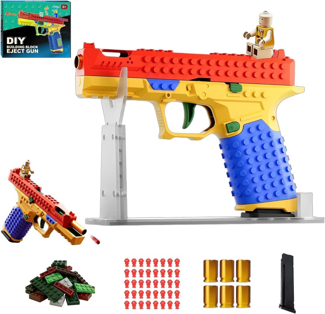 Building Block Toy Gun, Automatic Shell Ejecting Blaster with DIY Fun, Fits Most Building Brick Systems, Includes Figurines & Display Stand, Suitable for 14+