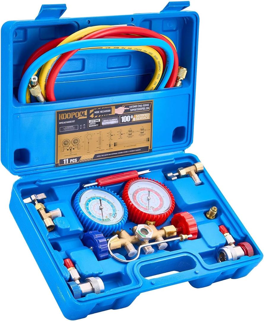3-Way AC Manifold Gauge Set - Compatible with R134a, R12, R502 Refrigerants, Includes 5FT Hoses, Couplers, Adapter, Puncturing Tool & Self-Sealing Can Tap for Freon Charging(with Box) 3-Way AC Manifold Gauge Set - Compatible with R134a, R12, R502 Refrigerants, Includes 5FT Hoses, Couplers, Adapter, Puncturing Tool & Self-Sealing Can Tap for Freon Charging(with Box)