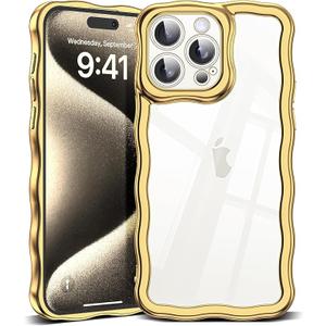 2 x SKYLMW Compatible with iPhone 15 Case, Kawaii Cute Curly Wave Frame Luxury Plating Edge, Stylish Glossy Clear Back, Soft TPU Shockproof Protective Cases for iPhone 15, Gold