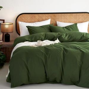 Wake In Cloud - Cotton Duvet Cover Set, 100% Washed Cotton, Linen Like Textured, Breathable Durable Comfy Farmhouse Neutral Bedding Set, 3 Pieces, Olive Green, Queen Size