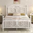 Queen Size Bed Frame，Metal Platform Bed with Headboard, Butterfly Pattern Design Headboard & Footboard, Strong Metal Slat Support, Easy Assemble, No Box Spring Needed, Noise-Free, White