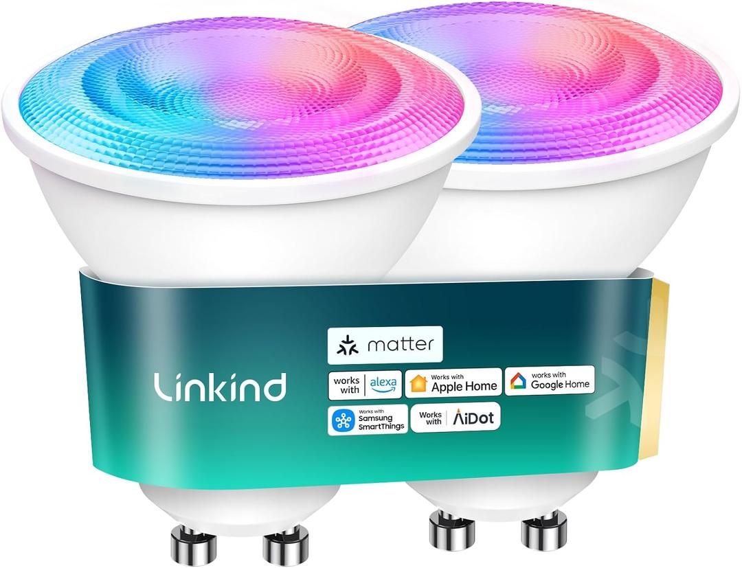 Linkind Matter GU10 Smart Light Bulbs, 40W 470LM Color Changing GU10 LED Bulbs, Works with Alexa/Apple Home/Google Home, Tunable White(1800K-6500K), Music Sync & Light Shows, 2Pack