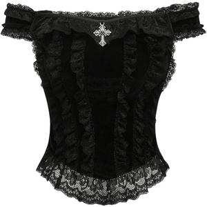 SHENHE Women's Goth Top Lace Trim Velvet Off Shoulder Short Sleeve Punk Top Shirt (Medium, Black)