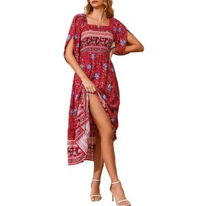 Women's Long Maxi Dress Sexy Off Shoulder Floral Dress Ruffle Short Sleeve Smocked Flowy A Line Boho Dress, XL, Red Floral