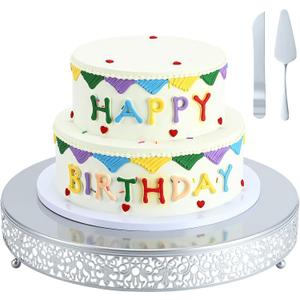 16 Inch Silver Cake Stand Set Metal Round Cupcake Dessert Stand with Cake Cutting, Spatula Wedding Cupcake Pastry Display Candy Holder Display for Wedding Party Birthday Baby Shower(Classic)