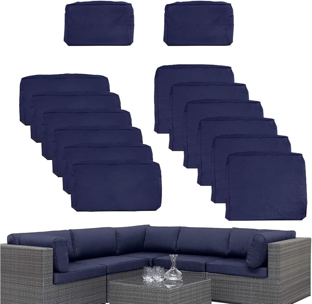 14 Pcs Outdoor Patio Furniture Cushion Covers Replacement, 25.5x25.5x4 inch Waterproof Cushion Covers for Outdoor Furniture, 3 Sizes Patio Sofa Couch Slipcovers with Zippers, Covers Only (Navy Blue)