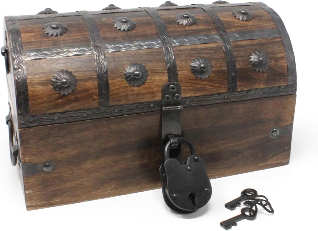 Nautical Cove Pirate Treasure Chest with Iron Lock and Skeleton Key (Medium 11x6x6.75)  Wooden Storage Chest, Pirate Decor, Decorative Wooden Box, Keepsake Box