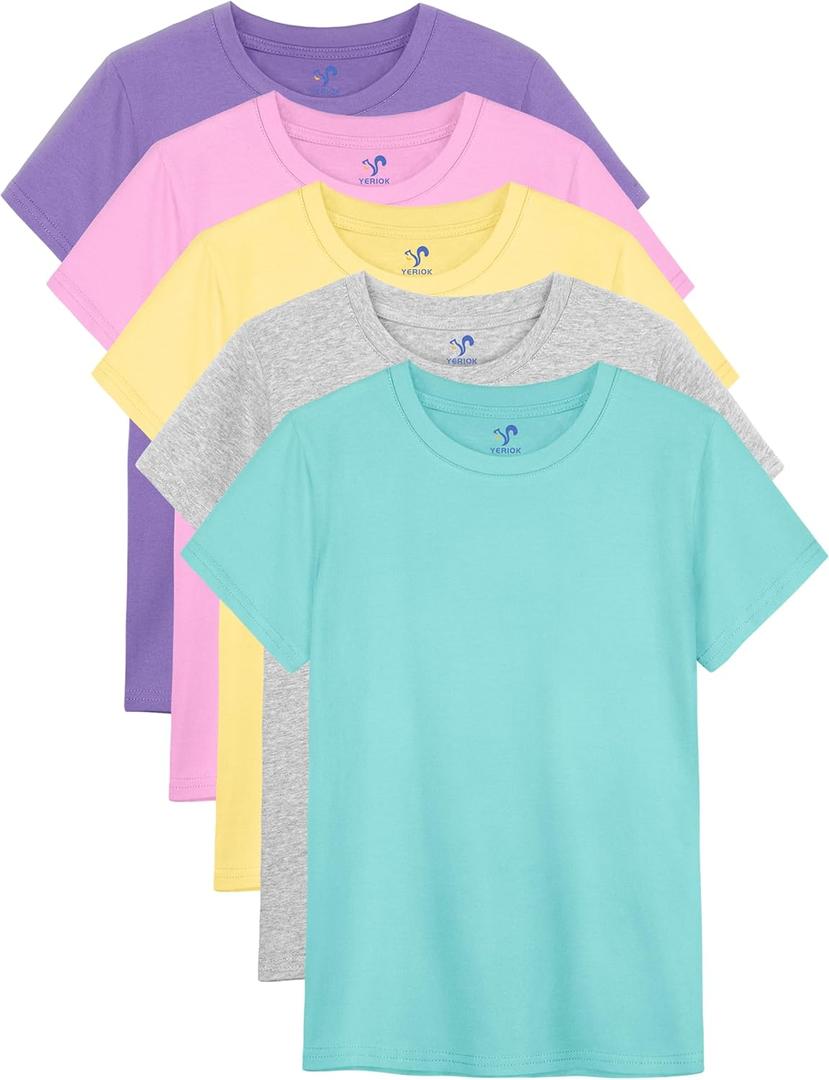 YERIOK 5 Pack Girls Shirts Short Sleeve Shirt for Girls Soft Cotton Tees Kids Tshirts Clothes Summer Tops T-Shirt (14-16 Years, Light Yellow, Pastel Pink, Mint Green, White Gray, Purple)