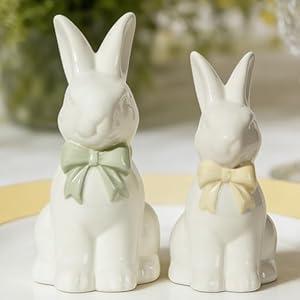 DN DECONATION 2PCS Easter Decoration Bunny Decor - Spring Easter White Rabbit Sculpture, Ceramic Statues with Bow for Farmhouse Home Decor Tabletop Shelf Mantel Dining Table Centerpiece