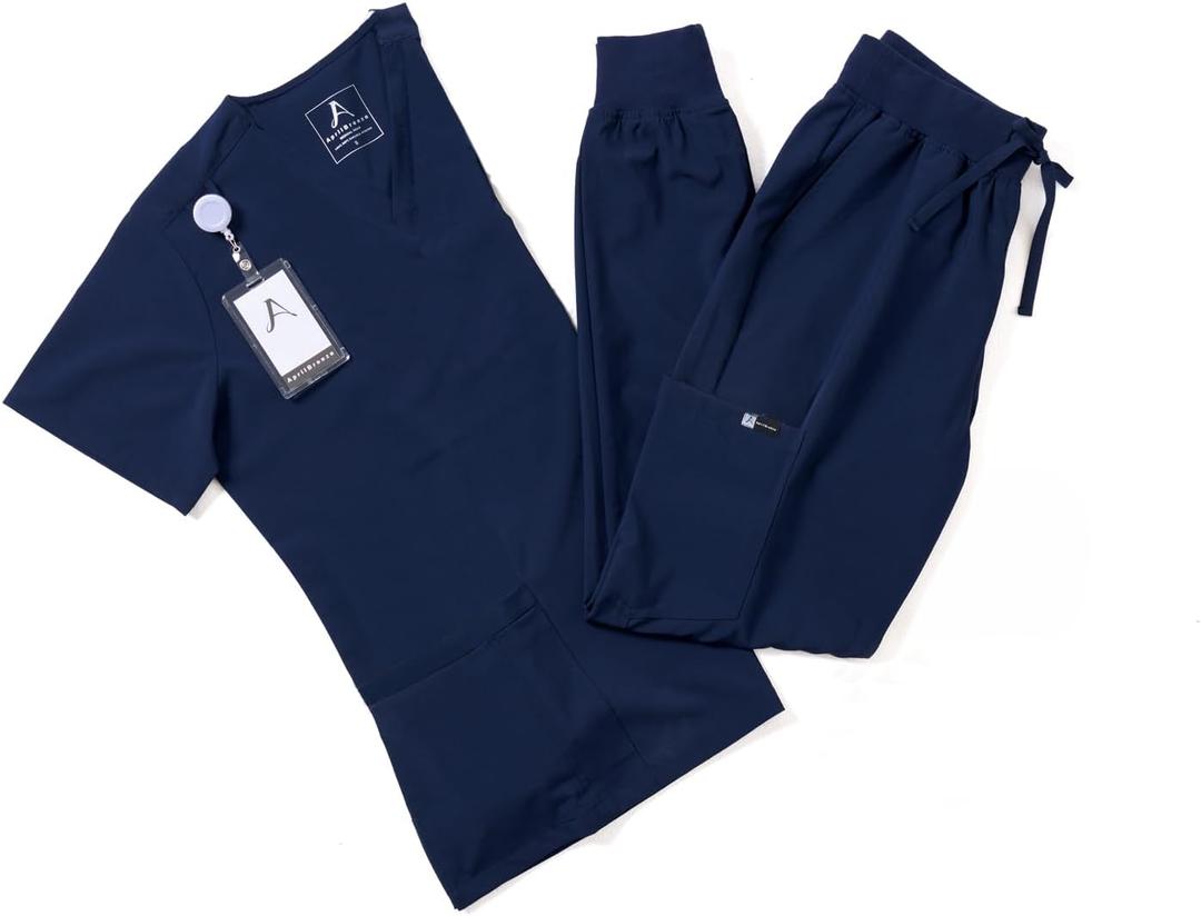 AprilBreeze Lite Medical Scrub Set with 9 Deep Pockets, 4-way Stretch Breathable V Neck Top, Yoga Waistband Jogger Pants (Navy, Large)