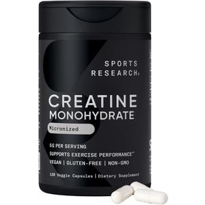 Sports Research® Creatine Monohydrate Capsules - Supports Workout Recovery, Lean Muscle gain, Performance and Strength* - Non-GMO, Vegan Certified - 5g per Servings - 30 Servings