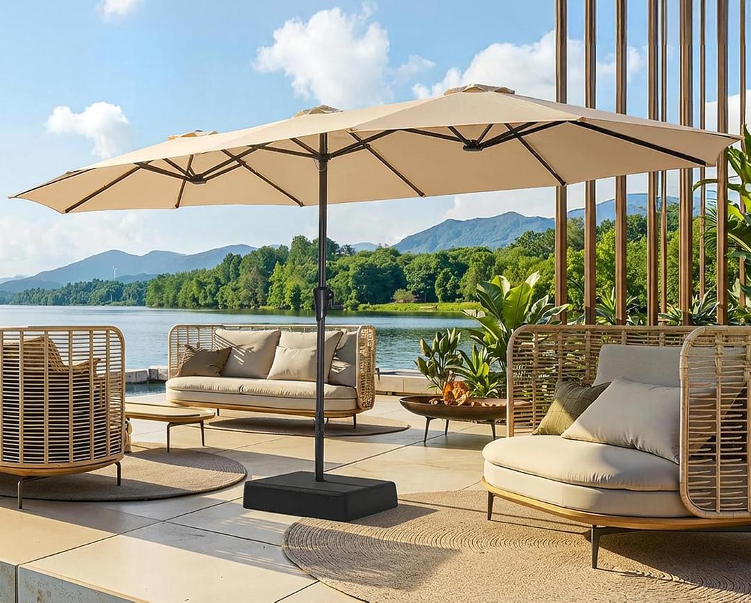 SUPERJARE 15FT Outdoor Patio Umbrella with Base Included, Double Sided Pool Umbrellas with Fade Resistant Canopy, Extra-Large Table Umbrella for Deck, Market, Backyard, Beige