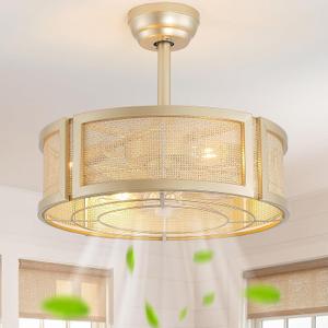 20" Boho Ceiling Fans with Lights, Rattan Fandelier Ceiling Fan with Light Remote Control with Caged 6 Speeds for Bedroom, Nursery, Living Room (Gold)