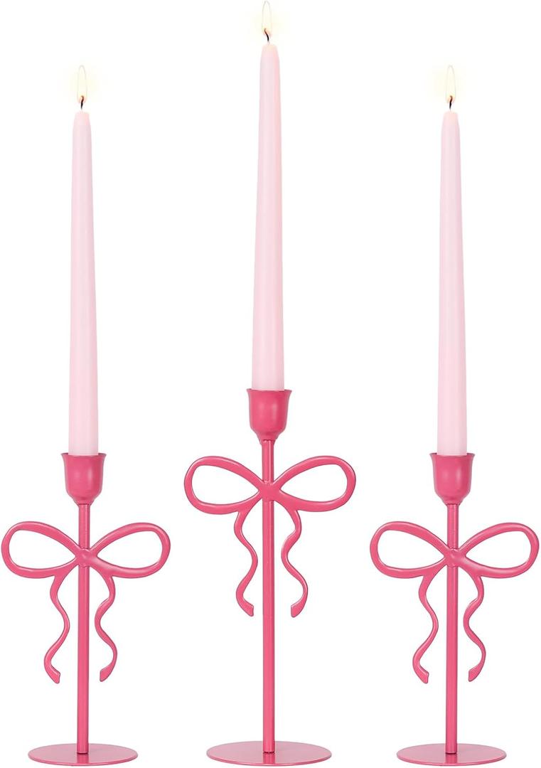 NEEDOMO Valentines Day Decorations, Set of 3 Pink Bow Metal Candlestick Holders for Valentines Decor, Taper Candle Holders Table Centerpieces for Romantic Wedding Party Mantel Decor