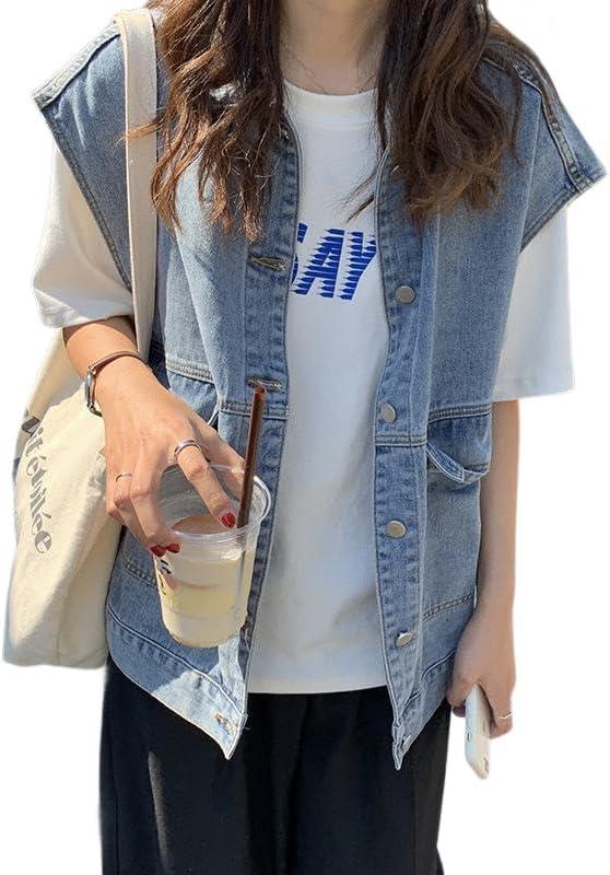 EMMIOL Jean Vest Top for Women Casual Denim Vest Sleeveless Jean Jacket with Pockets (Large, Blue-049)