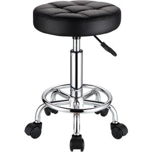 HMTOT Round Rolling Stools PU Leather Seat Height Adjustable Swivel Stool with Wheels Black