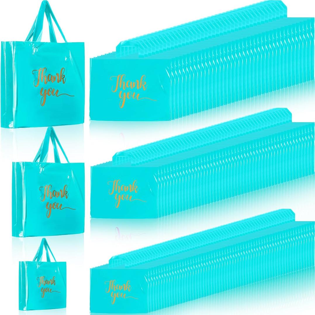 Teling 200 Pcs Thanks Bags with Handle Bulk Thank You Merchandise Bags 3 Size Plastic Packet Retail Shopping Package for Boutique 9 x 12'', 12 x 15'', 15 x 18''(Sky Blue)