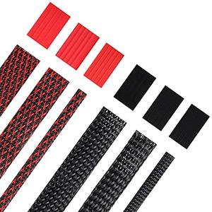 Xuniea 96ft Wire Loom Braided Cable Sleeve Covers Cord Management with 127 Pcs Tube Heat Shrinkable for Audio Video Cable Cord Protectors from Pets (1/2, 1/4, 3/8 Inch, Black and Red)