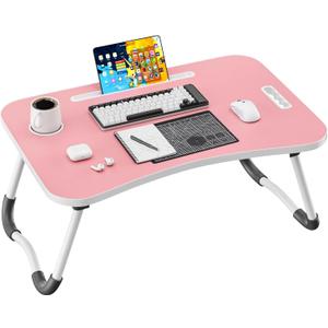 Folding Lap Desk, 23.6 Inch Wood Laptop Bed Desk with Cup Holder, Portable Bed Table for Working Writing Reading & Eating for Bed, Sofa, Couch, Floor - Pink