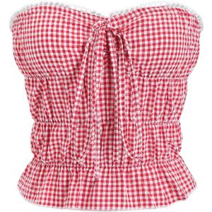 WDIRARA Women's Gingham Tube Crop Top Plaid Bow Ruffle Hem Y2k Bandeau Tops (XS, Red)
