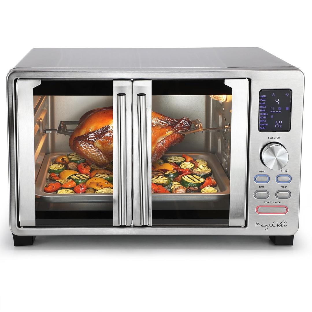 MegaChef 25 Liter Digital Electric French Door Multi-Function Counter Top Oven with Rotisserie Set & Toast, Bagel, Pizza, Bake, Roast, Broil, Cookies, Rotisserie, Dehydrate, Ferment, Warm Functions, Compact