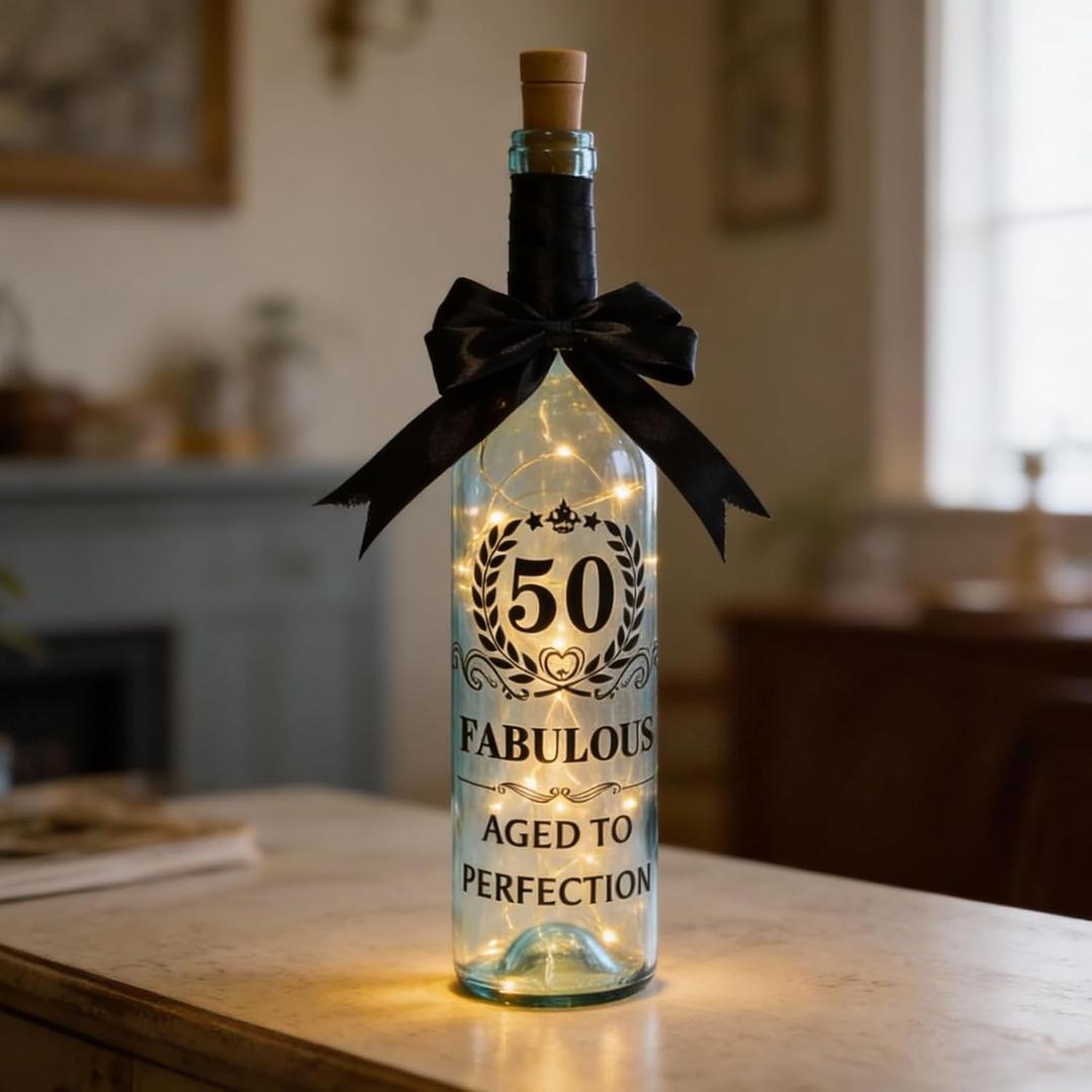 50th Birthday Gifts for Women Her Men Him 25 oz Lighted Wine Bottle 50 Fabulous Aged to Perfection 50-year-old Birthday Decoration for Mom Aunt Wife Grandma 50th Retirement Anniversary Wedding