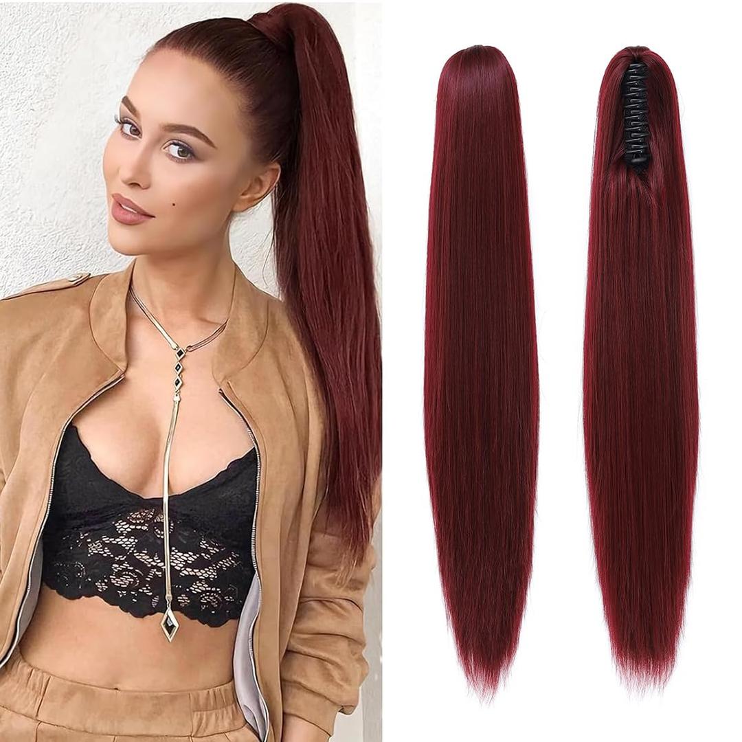 Ponytail Extension, 26'' Claw Clip Hair in Ponytail Extensions for Women Long Straight Hair Extensions Claw Clip Synthetic Ponytail Fluffy Natural Looking Hairpiece for Daily Use(Burgundy)