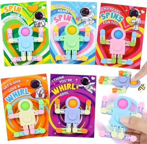 SANANT Valentines Day Gifts for Kids, 30 Pack Astronaut-Shaped Fidget Spinner POP Toys with Greeting Card for Kids Classroom Exchange, Valentine Prizes for Boys Girls School Party Favor