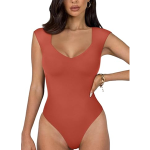 REORIA Butsmooth Women's Trendy Sexy Casual V Neck Double Lined Sleeveless Slimming Going Out Tank Top Bodysuits