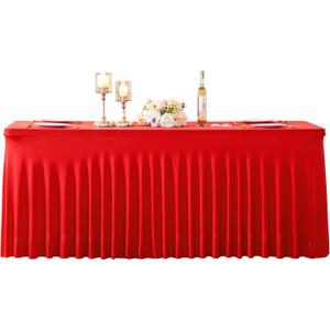 Red Spandex Tablecloths for Rectangle Tables 6 Foot Red Stretch Table Cloth Rectangle 6ft Elastic Fitted Table Cover Fabric with Skirt for Wedding Baby Shower Graduation Birthday Party Banquet Buffet