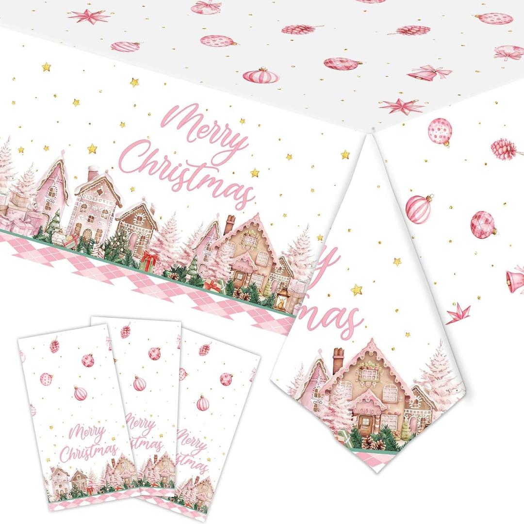 3PCS Pink Christmas Tablecloth Disposable Plastic 54x108 Inch, Rectangular Xmas Table Cover with Christmas Tree Design for Holiday Party Dinner Home Decor
