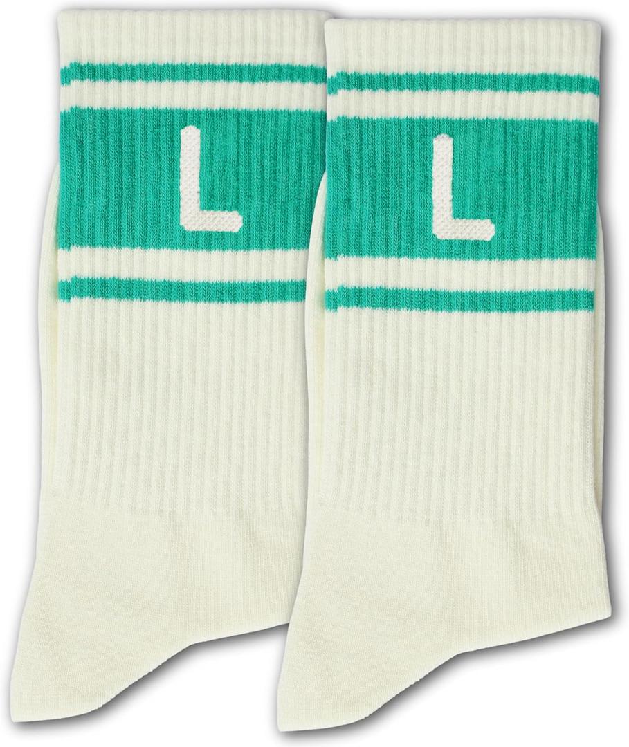Green and Off-white Striped Socks with The Letter