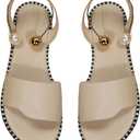 OYOANGLE Women's Pearl Decor Clear Straps Open Toe Flat Sandals Leather Outdoor Beach Sandals (8.5, Beige)