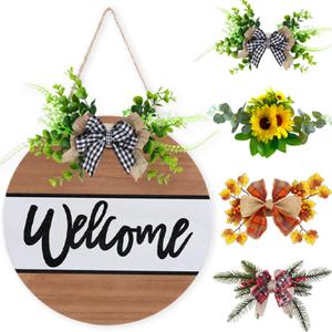 Welcome Sign for Front Door with 4 Seasonal Wreaths, Wreath for Front Door, Seasonal Farmhouse Welcome Year Round Wreath Door Décor, Door Hanger Decoration Porch Décor Home Décor