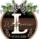 Monogram Letter L Front Door Sign, Welcome to Our Home Family Last Name Initial Wooden Hanger Decor Housewarming Wedding Gifts, Farmhouse Rustic Wreath Indoor Wall Hanging Decoration with Bow