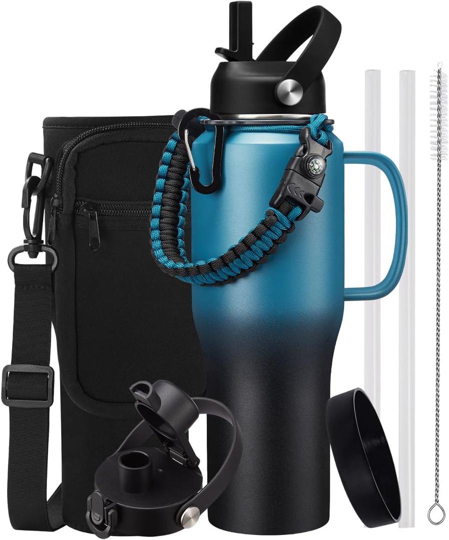 32 OZ Insulated Water Bottle Tumbler - with Straw & Spout Lid, Paracord Handle, Stap Carrying Case, Cold-48H & Hot-24H, Stainless Steel Tumblers with Handle, Slim Water Bottle that Fits in Cup Holder (Indigo Crush)