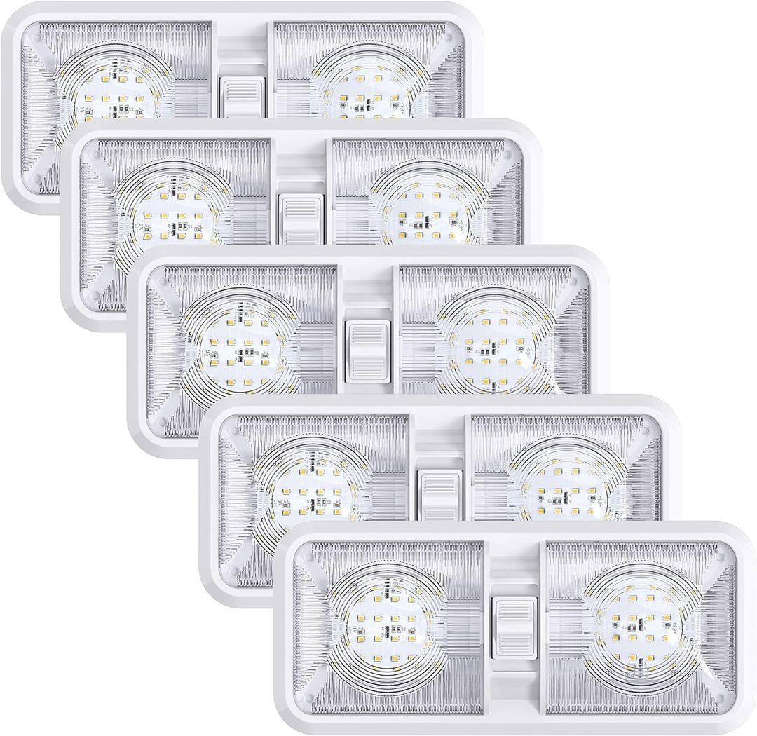 Leisure LED 5 Pack RV LED Ceiling Double Dome Light Fixture ON/ OFF Switch Interior Lighting for Car/ RV/ Trailer/ Camper/ Boat DC 11-18V Natural White 4000-4500K 48X2835SMD (Natural White 4000-4500K, 5)