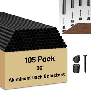 105 Pack 36 inch Aluminum Balusters for Deck Railing,Black Round Metal Spindles for Staircase,3/4" Diameter Hollow Deck Ballasters with Screws and Connectors for Railing Fencing Porch Stair Spindles