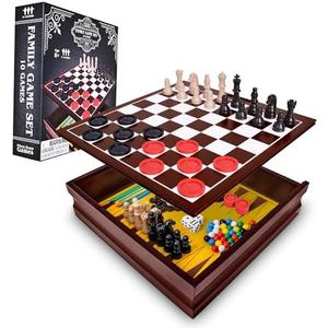 Elbow Room Games Family Game Set, 10 Classic Games with Wooden Storage Box and Built-in Game Boards, Endless Fun for Game Nights, Gatherings & Travel, 2+ Players