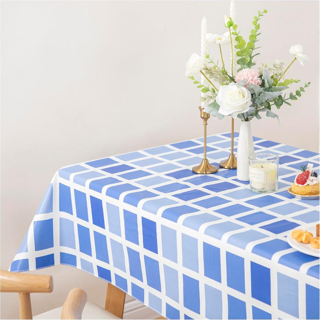 FIFTY FEET 84 * 60 Inch Rectangle Tablecloth, Vinyl Tablecloth with Flannel Backing for Rectangle Tables Waterproof, Plastic Picnic Table Cover for Dining Table/Buffet Parties/Camping(Blue Plaid)