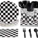 144 Piece Race Car Birthday Party Supplies, Serves 24 Guests Disposable Checkered Flag Plates, Cocktail Napkins, Cups, Cutlery, Bulk Pack Tableware for Party Decorations