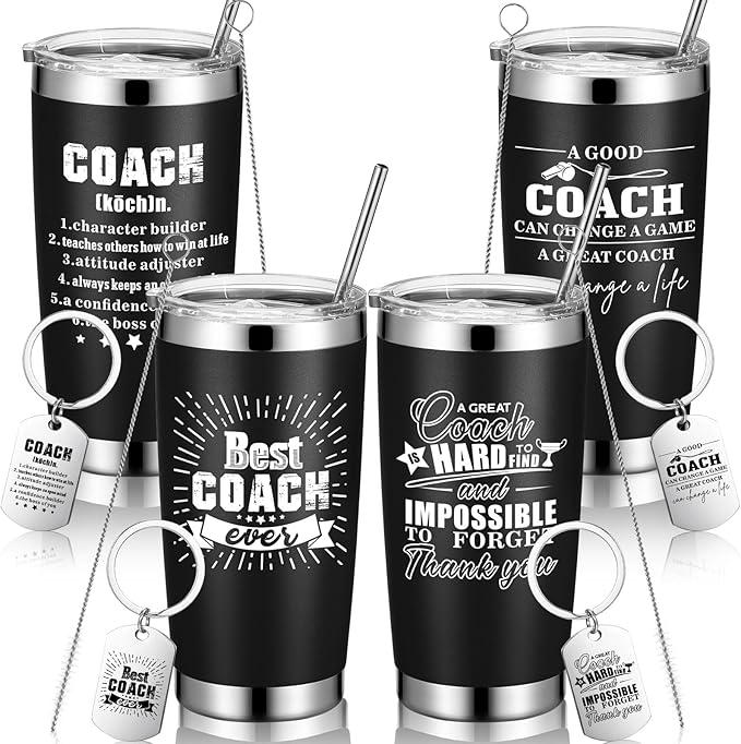 4 Sets Coach Gifts Best Coach Ever Stainless Steel Tumbler Coffee Mug with Keychain 20 oz Appreciation Gift Travel Tumbler for Soccer Volleyball Football(Artistic Pattern,Black)