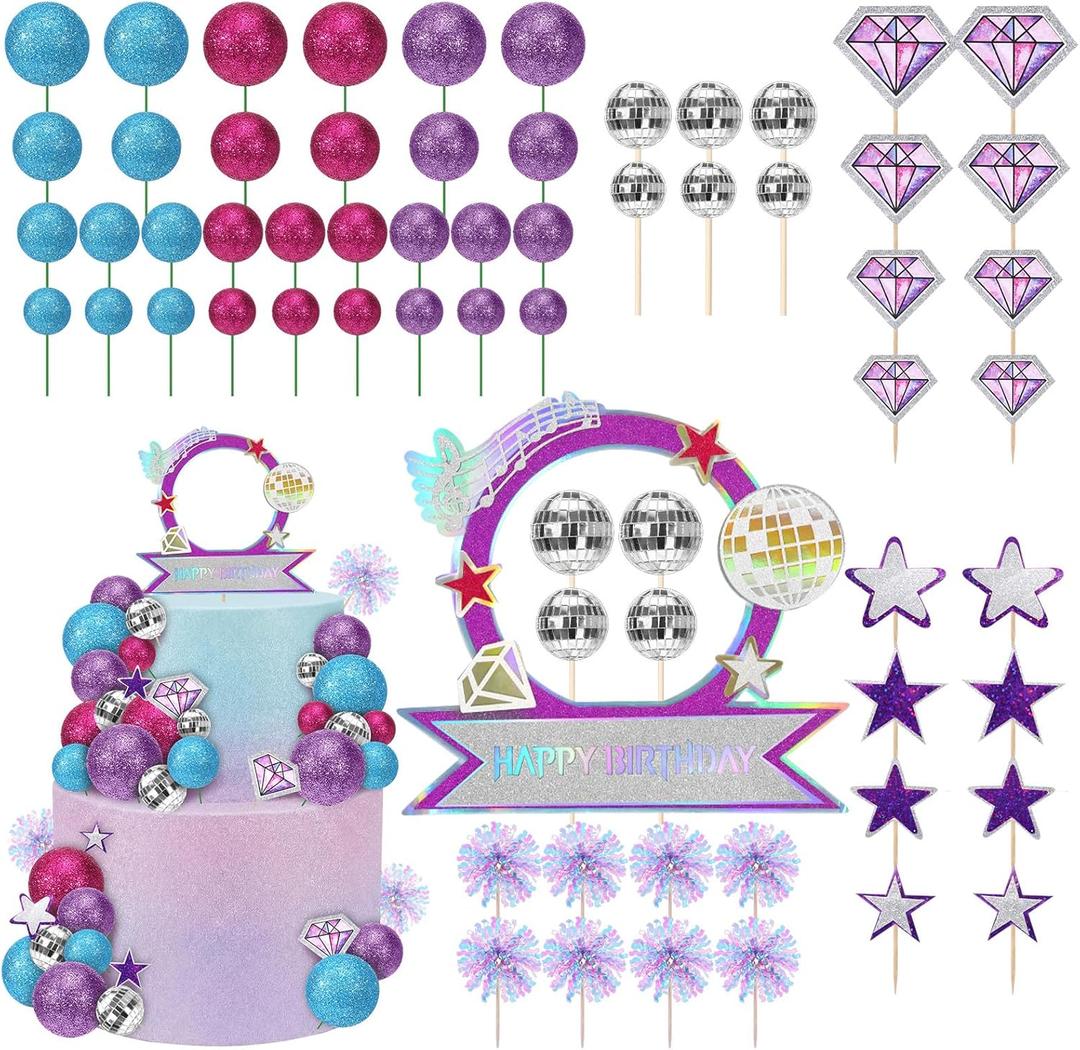 Sanwuta 77 Pcs Kpop Theme Party Cake Topper Set Disco Ball Glitter Ball Star Diamond Insert Foil Fireworks and Cake Standee for Kpop Theme Birthday Graduation Music Lover Decors